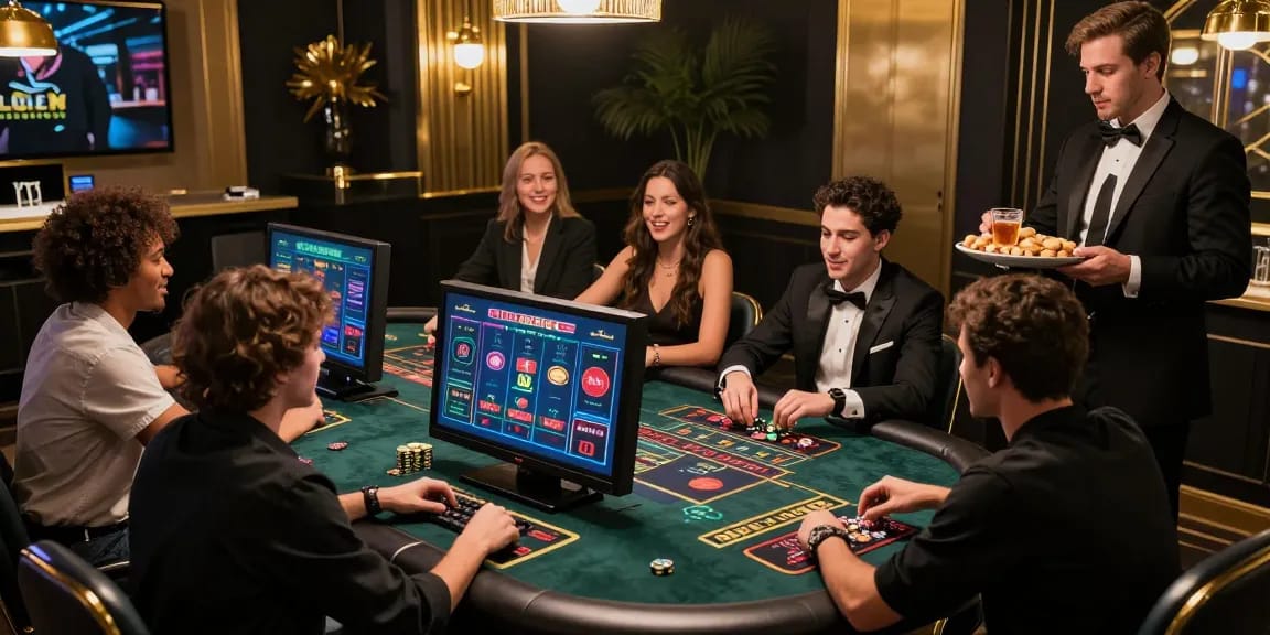 Nền tảng cá cược trực tuyến E2WIN với bạn bè cùng tham gia trải nghiệm casino sống động, không khí vui vẻ và sang trọng.