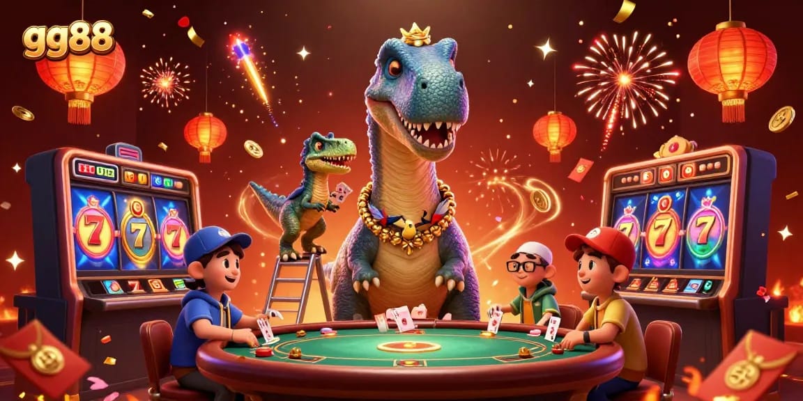 Engage with exciting jackpots at gg88 as a brontosaurus surveys the bustling casino scene.