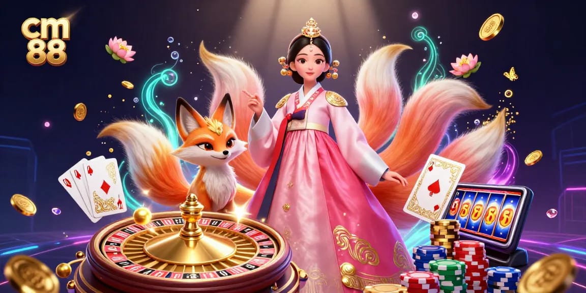 Engage with cm 88's thrilling atmosphere featuring a graceful woman and lucky fox amidst casino elements.