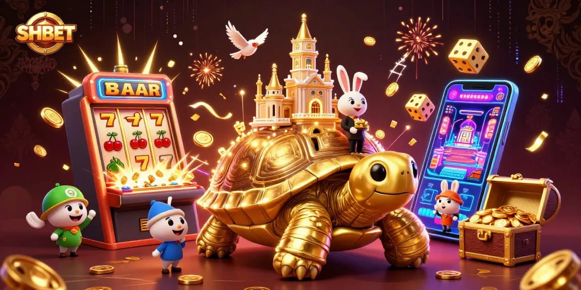 Players enjoy thrilling SHBET casino fun with a golden tortoise and vibrant games.