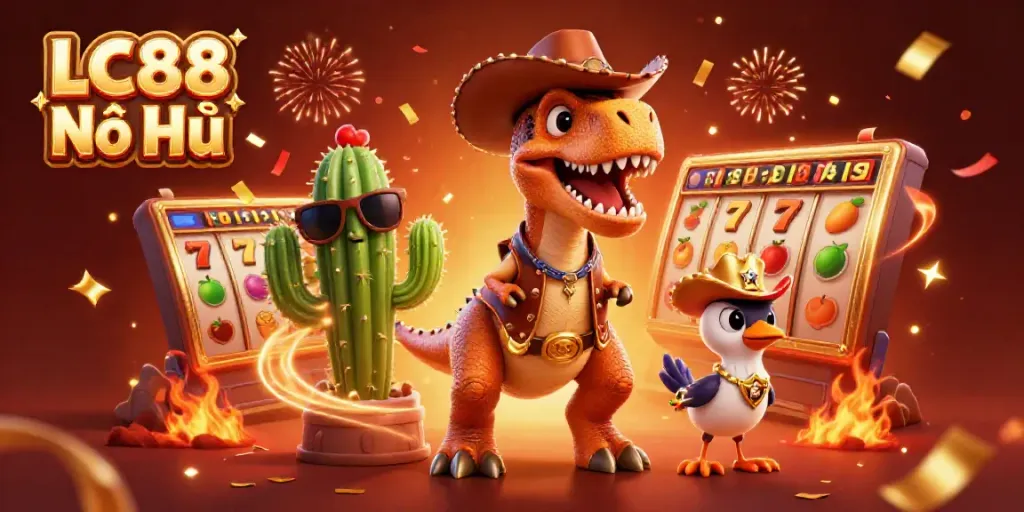 LC88 Nổ Hũ showcases exciting jackpot action with a cartoon dinosaur and lively casino elements.