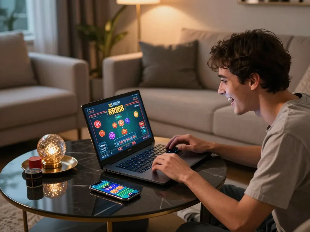 Player engaging with RR88 on laptop amidst cozy home setup, showcasing online casino gaming features.