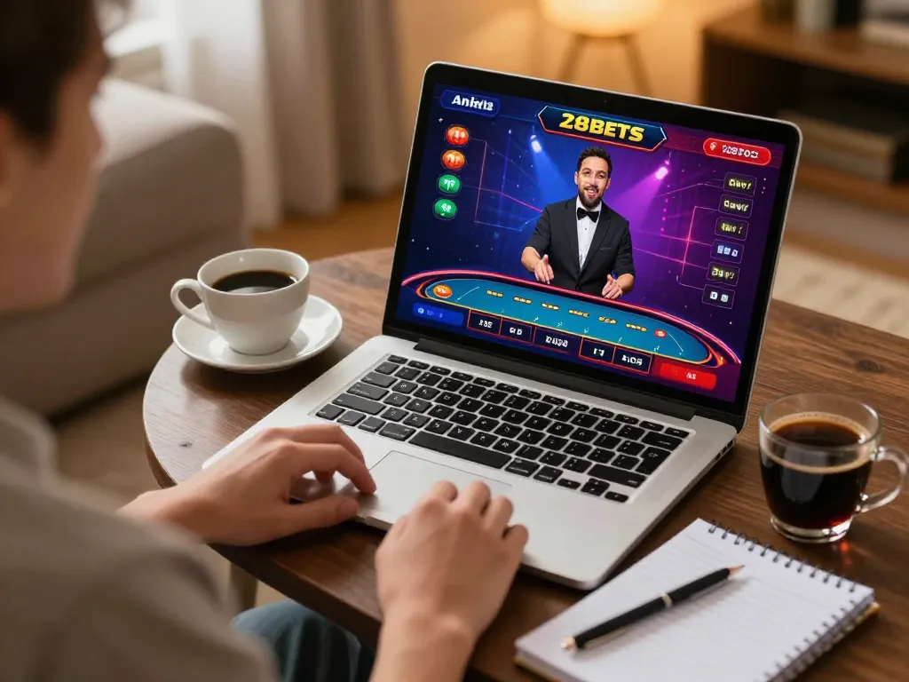 Engaged player enjoying live dealer game at home through 28bets casino.