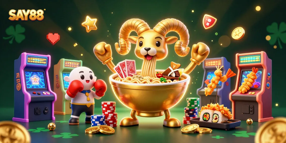 SAY88 invites players to win with a vibrant and dynamic 3D casino-themed illustration filled with games and excitement.