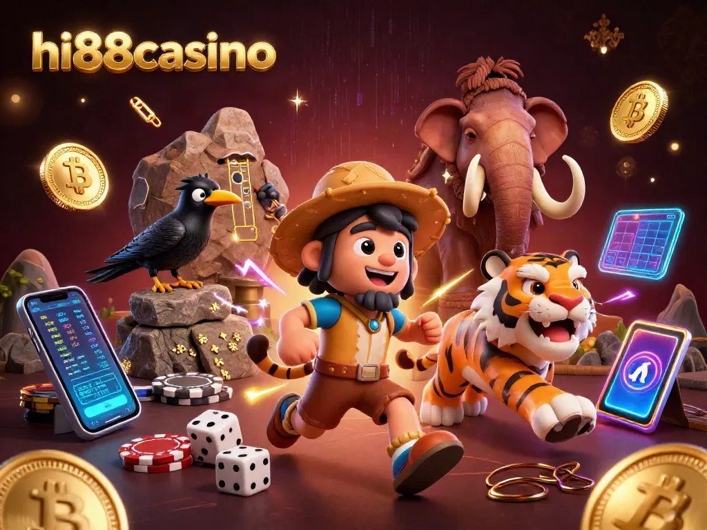 Engage with casino excitement at hi88casino showcasing vibrant 3D illustration of prehistoric gaming.