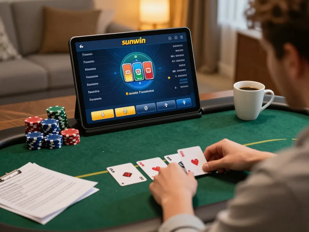 Engaging with the sunwin poker app on a tablet while enjoying a cozy home session.