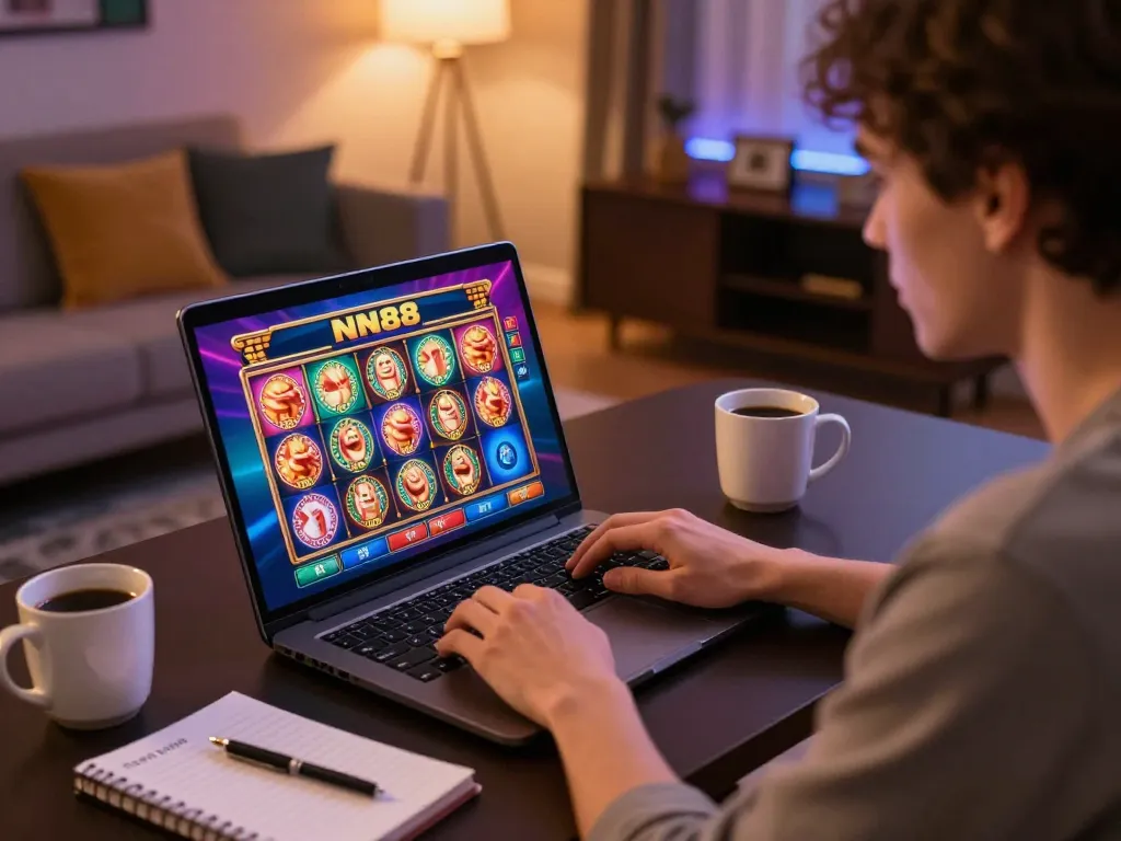 Play engaging slots at NN88 with a cozy home setup, featuring a laptop and colorful game interface.