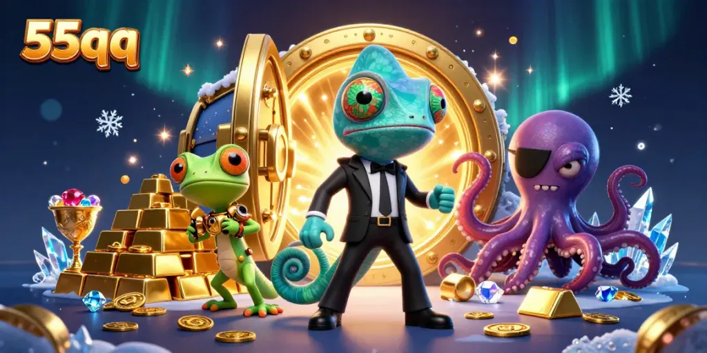 Experience thrilling wins at 55qq with a vibrant casino scene featuring dynamic characters and sparkling treasures.