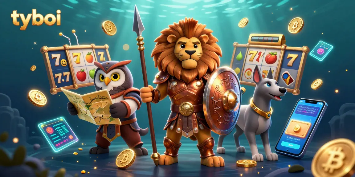 Engage with tyboi in a vibrant 3D casino scene showcasing slots, crypto elements, and dynamic gaming action.