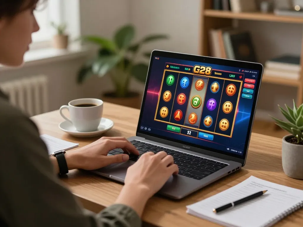 Player engaging with G28 online casino gaming displayed on their laptop screen, surrounded by strategy notes