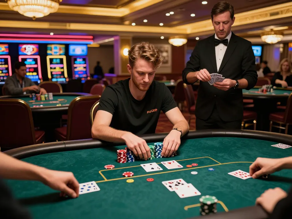 Player competing at a poker table in the vibrant 79 club casino, showing intense focus and excitement.