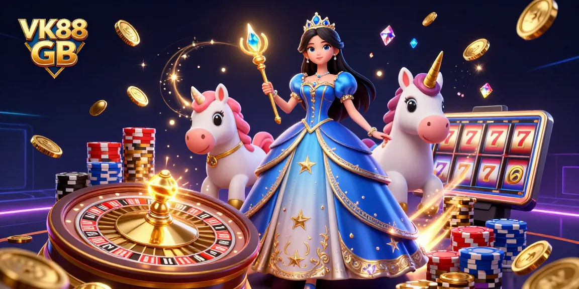 Engage in thrilling gaming at VK88 GB with vibrant scenes of sparkling gems and casino elements.