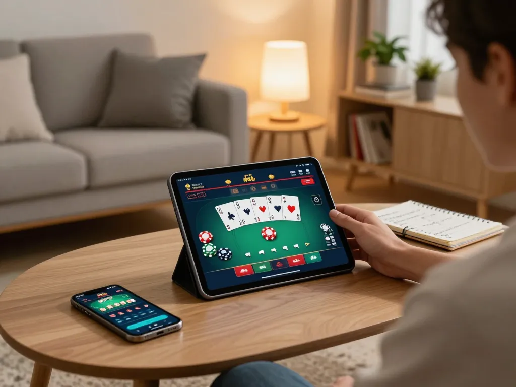 Ga368 player enjoying online poker game on tablet amid warm home ambiance