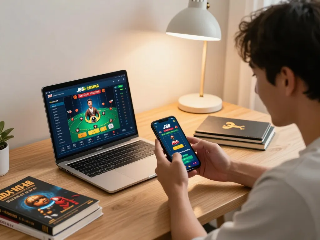 Engaging with the J88 casino app on a smartphone in a cozy home setting.