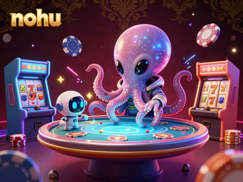 Engage in thrilling nohu gameplay with an alien octopus at a poker table amidst dynamic casino elements.