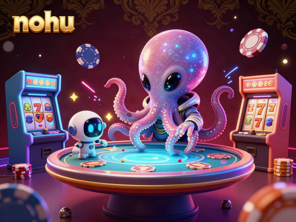 Engage in thrilling nohu gameplay with an alien octopus at a poker table amidst dynamic casino elements.
