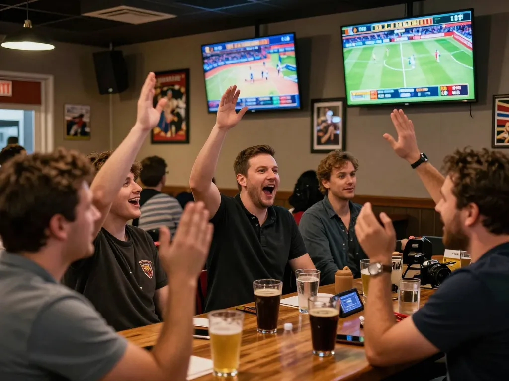 Excited patrons placing live bets on fun88 sports events at a vibrant sports bar.