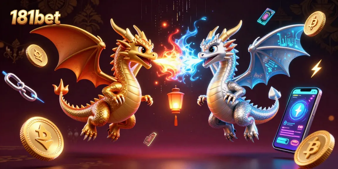 Experience thrilling gameplay with 181bet, featuring a dynamic scene of gold and silver dragons alongside digital crypto elements.