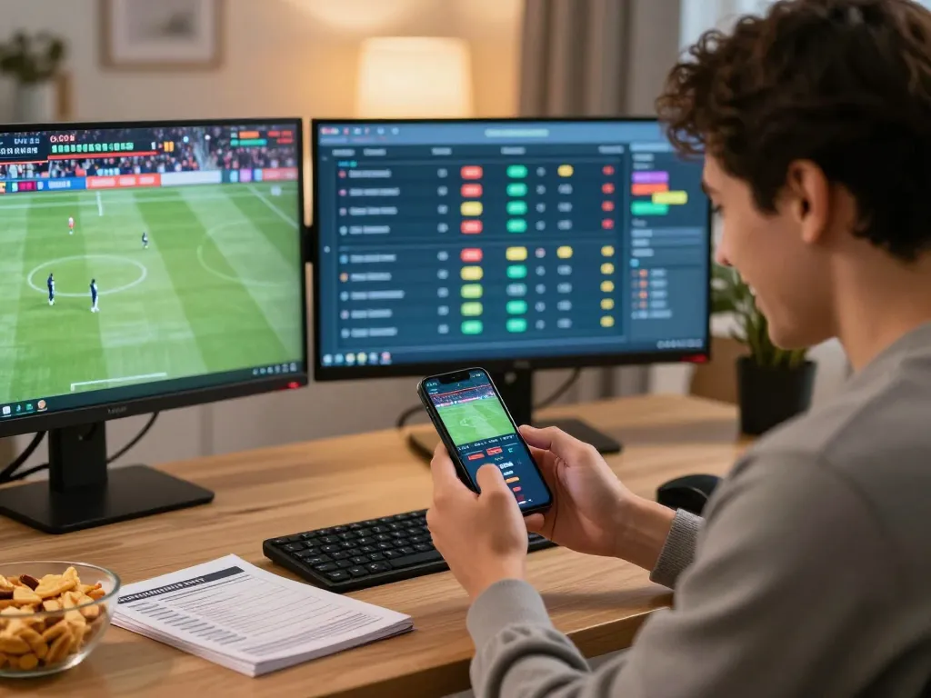 Fun88 betting enthusiast celebrating a win on smartphone in a modern home office setting.