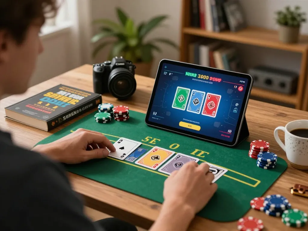 Player strategizes in yo88 blackjack game on tablet, showcasing engaging home gaming setup