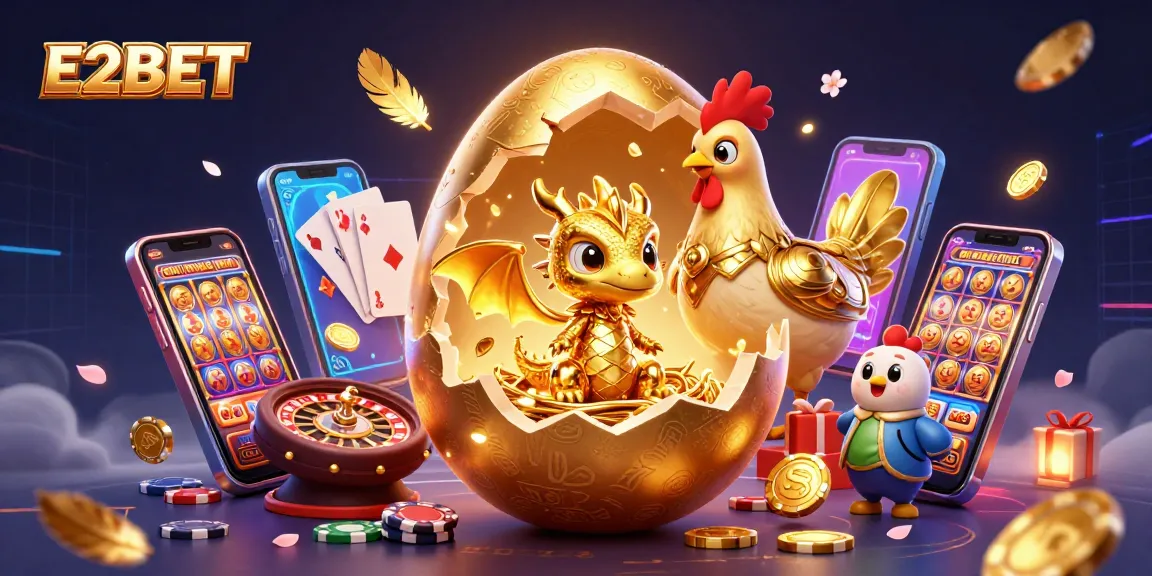 E2BET offers a vibrant illustration of a golden dragon amidst casino elements, capturing the thrill of gaming.