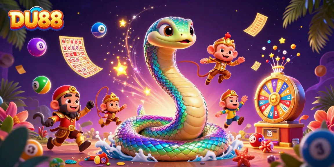 Experience delight with DU88 in this vibrant 3D casino illustration showcasing a rainbow serpent, monkey king, and exciting game elements.