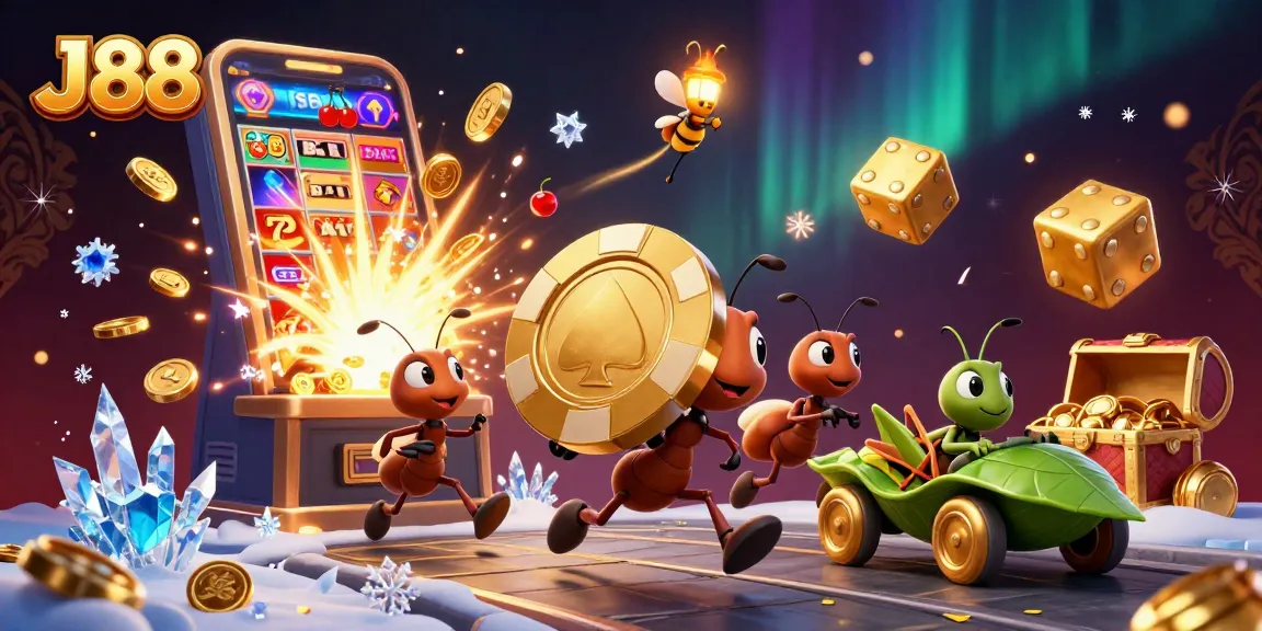 Experience winning strategies with J88 in a vibrant casino heist scene featuring fun characters and colorful slots.
