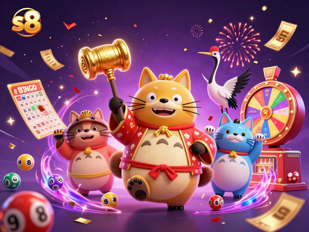 s8 brings luck with cheerful tanuki, lottery balls, and festive elements in a vibrant casino scene.
