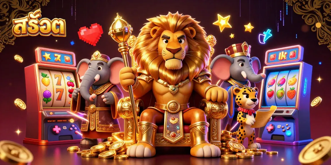 Experience the thrilling world of สล็อต with a majestic lion king, surrounded by vibrant slot machines.