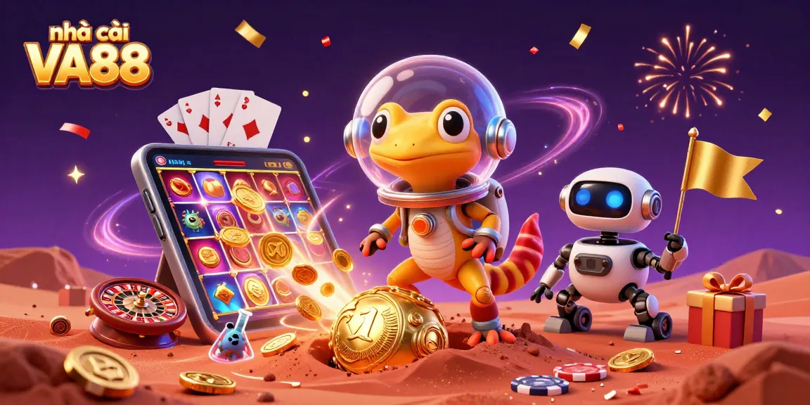 nhà cái VA88 casino adventure featuring a Martian gecko, robot rover, and celebration elements