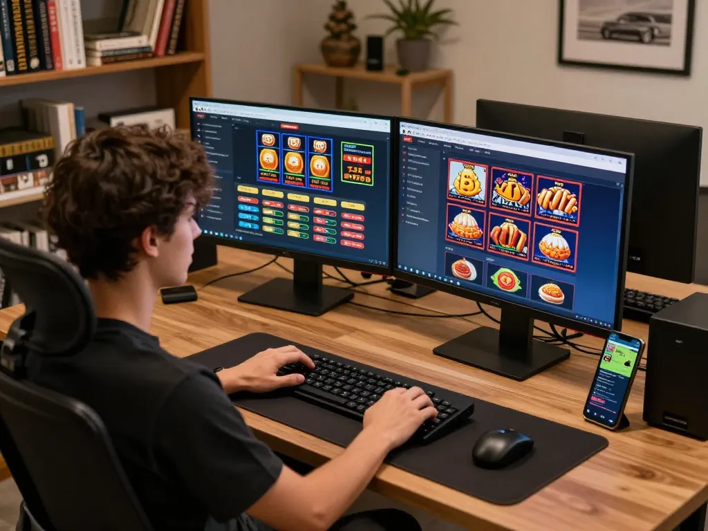 Engaging with topbet3 on a desktop setup showcasing various online casino games and sports betting.