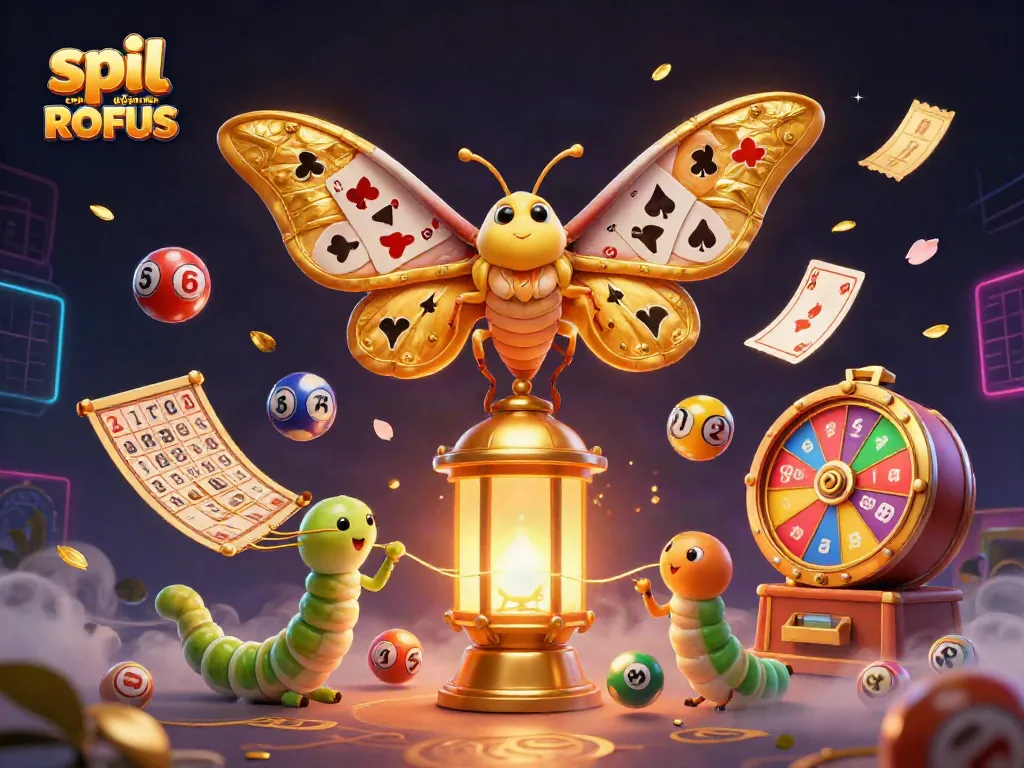 Experience spil casino uden om ROFUS with vibrant illustrations of gaming elements, enchanting moths, and festive casino imagery.