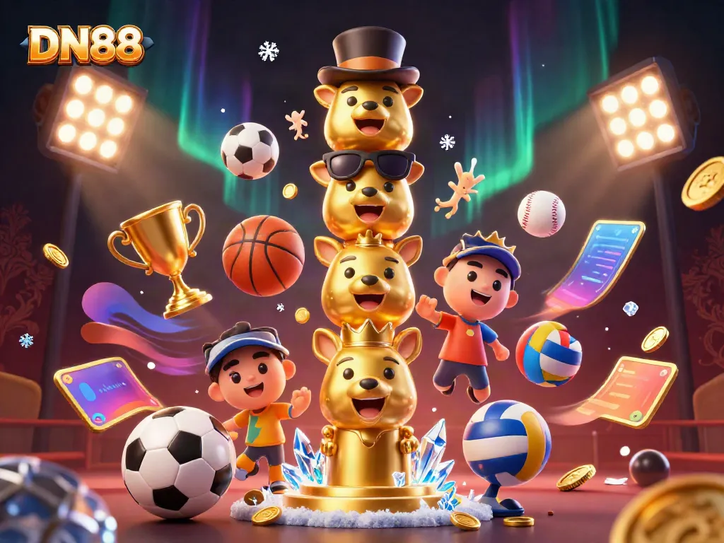 Experience DN88's vibrant and dynamic casino scene featuring a golden totem pole and energetic sports elements.