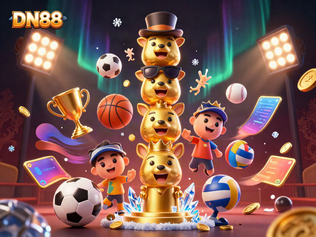 Experience DN88's vibrant and dynamic casino scene featuring a golden totem pole and energetic sports elements.
