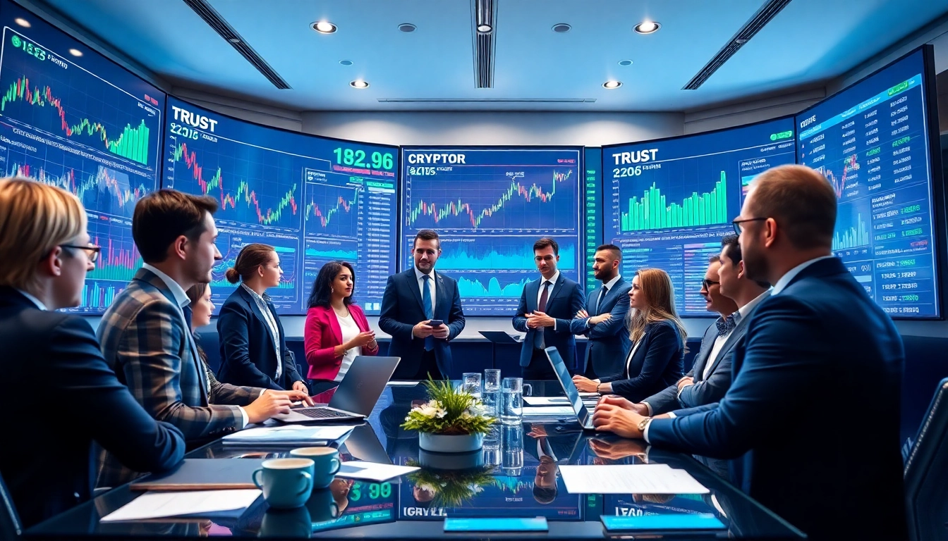 Engaged professionals discussing Finansnyheter in a modern financial workspace with digital screens.