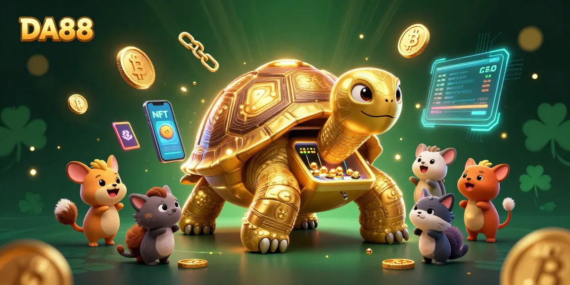 Engage in exciting gameplay with DA88's colossal tortoise pinball machine surrounded by vibrant crypto coins.