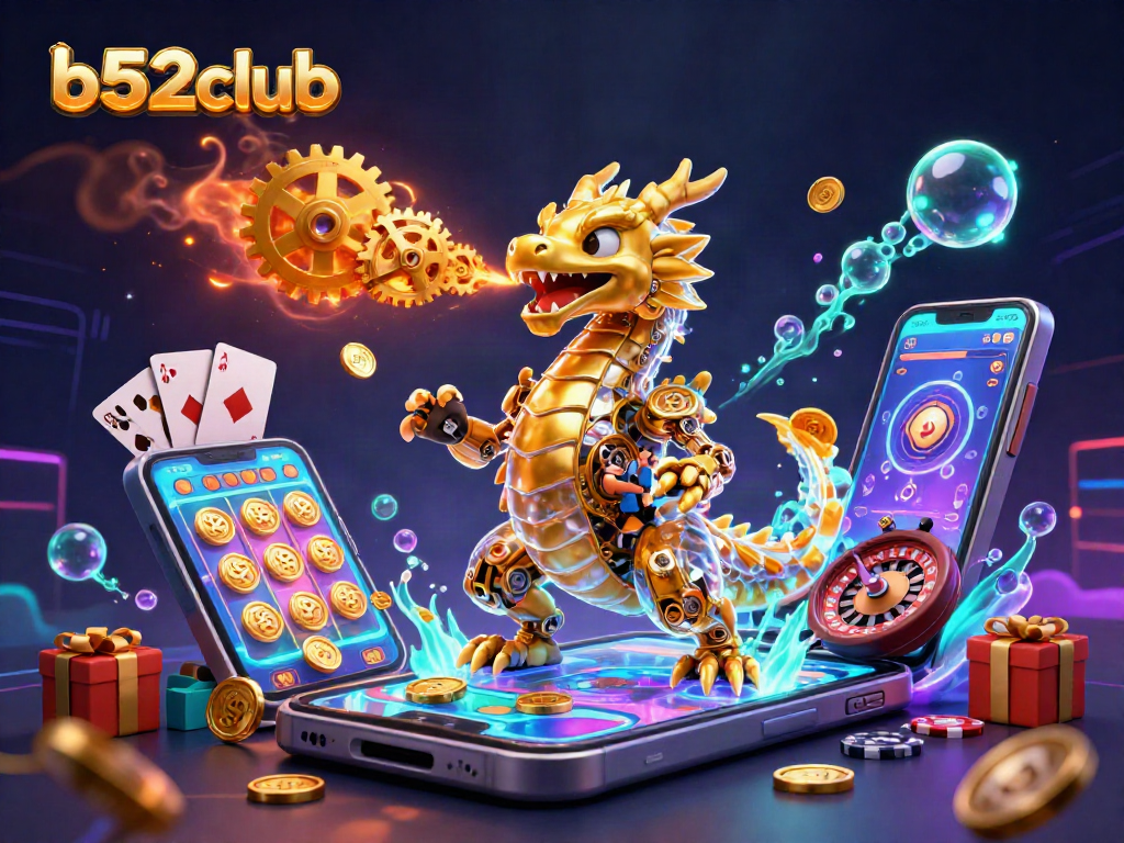 B52club players enjoying a colorful slot game on a dynamic smartphone with a golden dragon