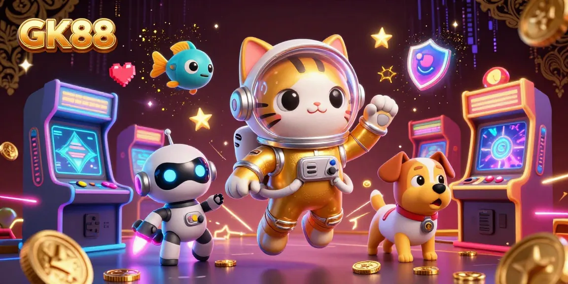 Engage with GK88 through a dynamic scene of a space astronaut cat and robot dog in a vibrant casino-themed setting.