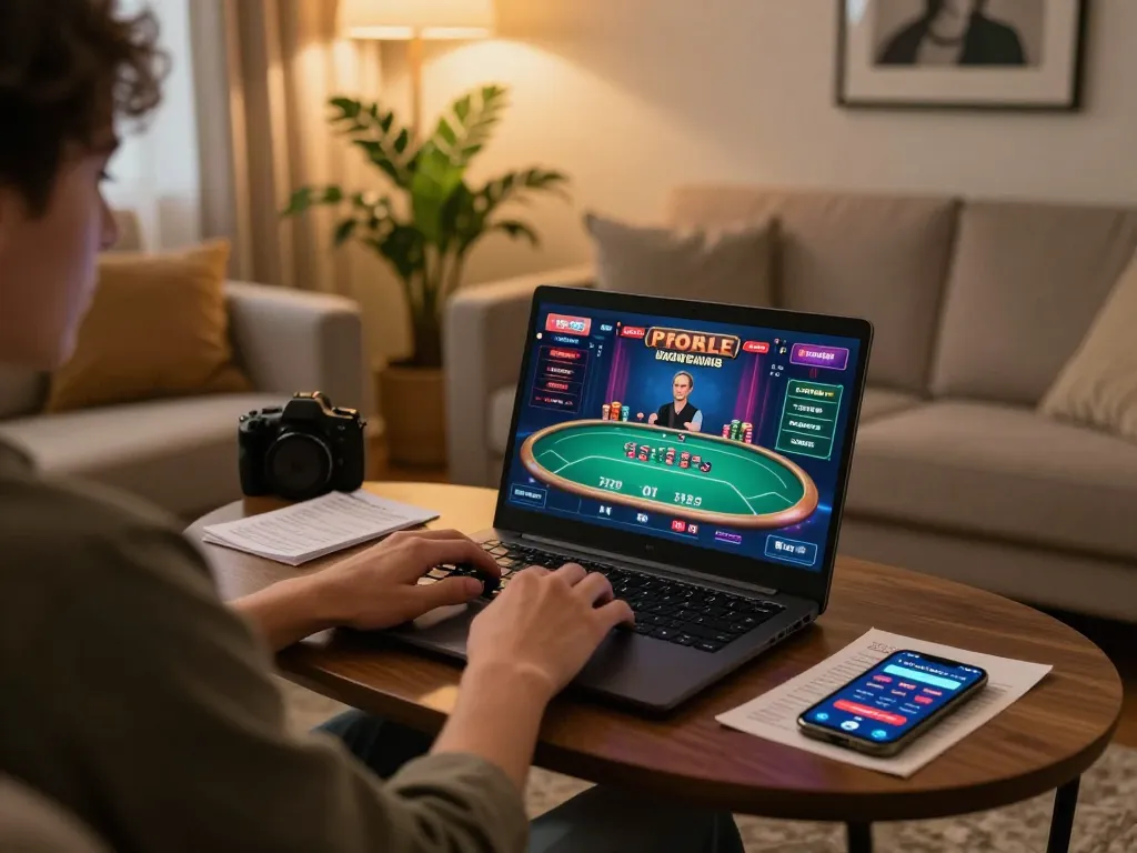 Engaged player using laptop for online casino gaming at uu88 com, showcasing vibrant gameplay interface and strategic notes.