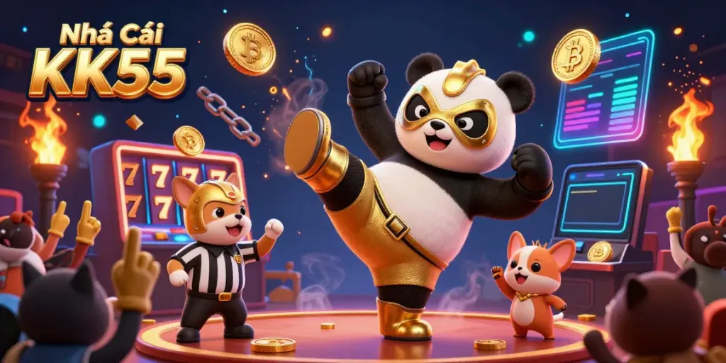 Experience the thrill of Nhà Cái KK55 with a dynamic scene of a panda wrestler and exciting gaming elements.