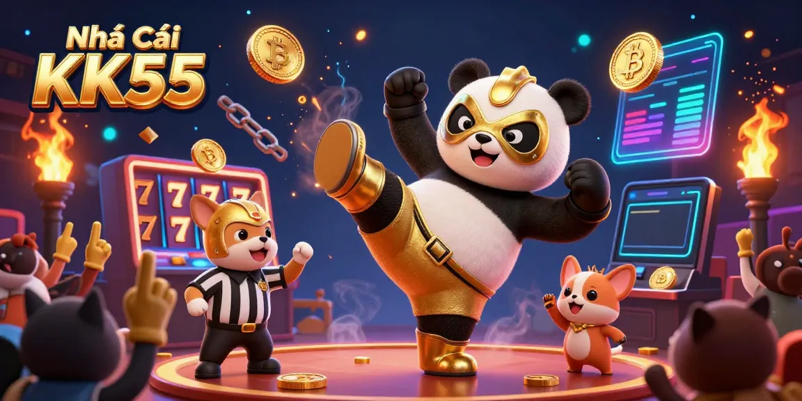 Experience the thrill of Nhà Cái KK55 with a dynamic scene of a panda wrestler and exciting gaming elements.