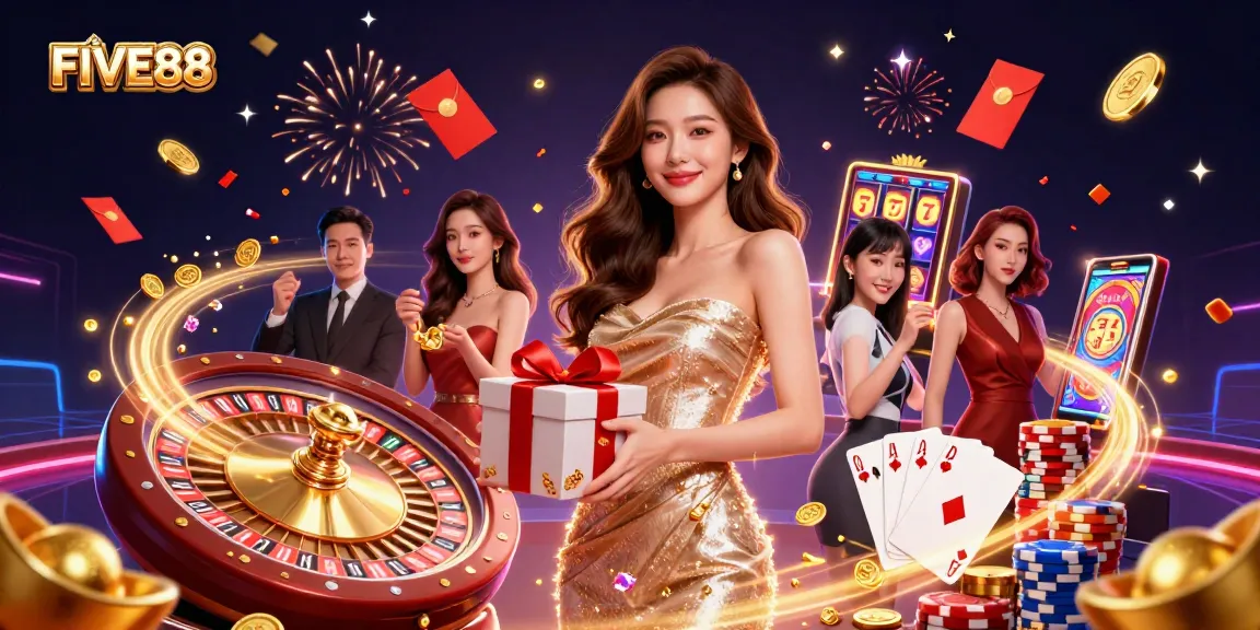 Experience the vibrant FIVE88 casino scene with rich visuals of celebrations, games, and festive elements.