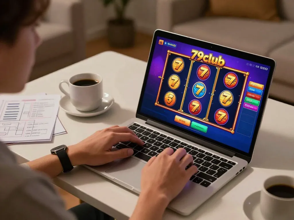 Player enjoying an online game at 79club on laptop, focusing on a thrilling slot machine.