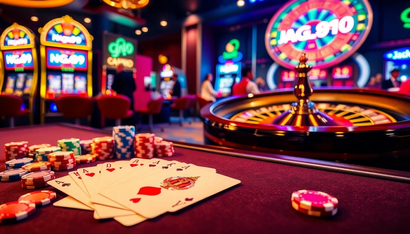 Naga99 jackpot excitement at a vibrant casino table with poker chips and cards.