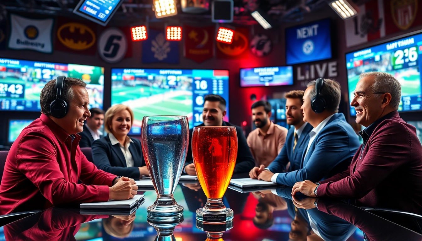 Commentators engaged in sports broadcasting discussion in a lively studio setting.