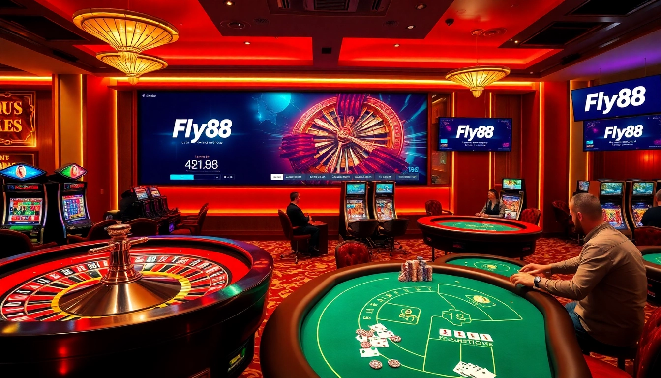 Experience thrill and excitement at Fly88's online gaming, featuring vibrant slots and stunning casino tables.