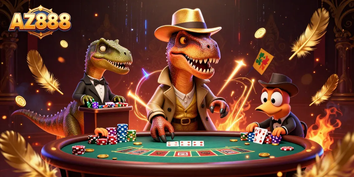 AZ888 poker scene with dynamic characters showing a velociraptor card counter at a blackjack table.