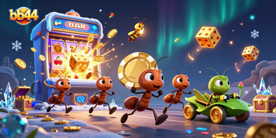 bb44 ants carry a giant poker chip in a dynamic casino heist scene with slot machine chaos.