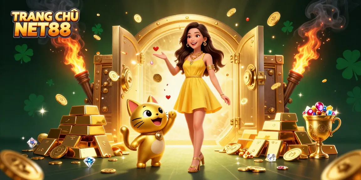 Experience TRANG CHỦ NET88 with a joyful Asian woman and lucky cat amid vibrant casino elements.