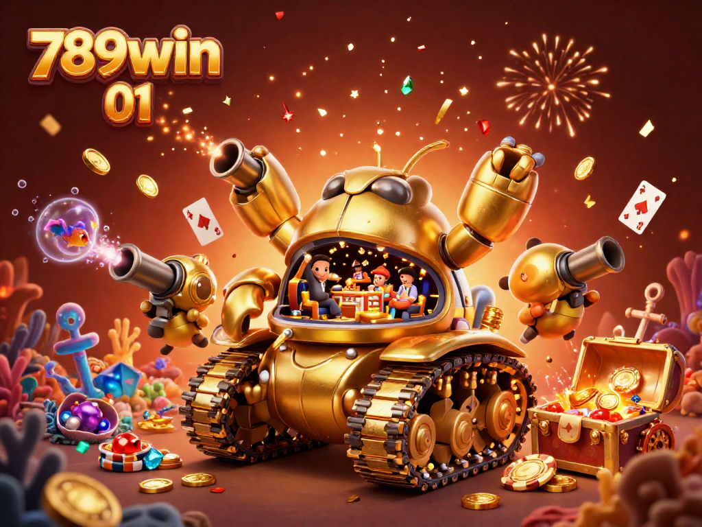 Experience casino thrills with 789win 01, featuring a vibrant 3D scene of a golden beetle tank and underwater treasures.
